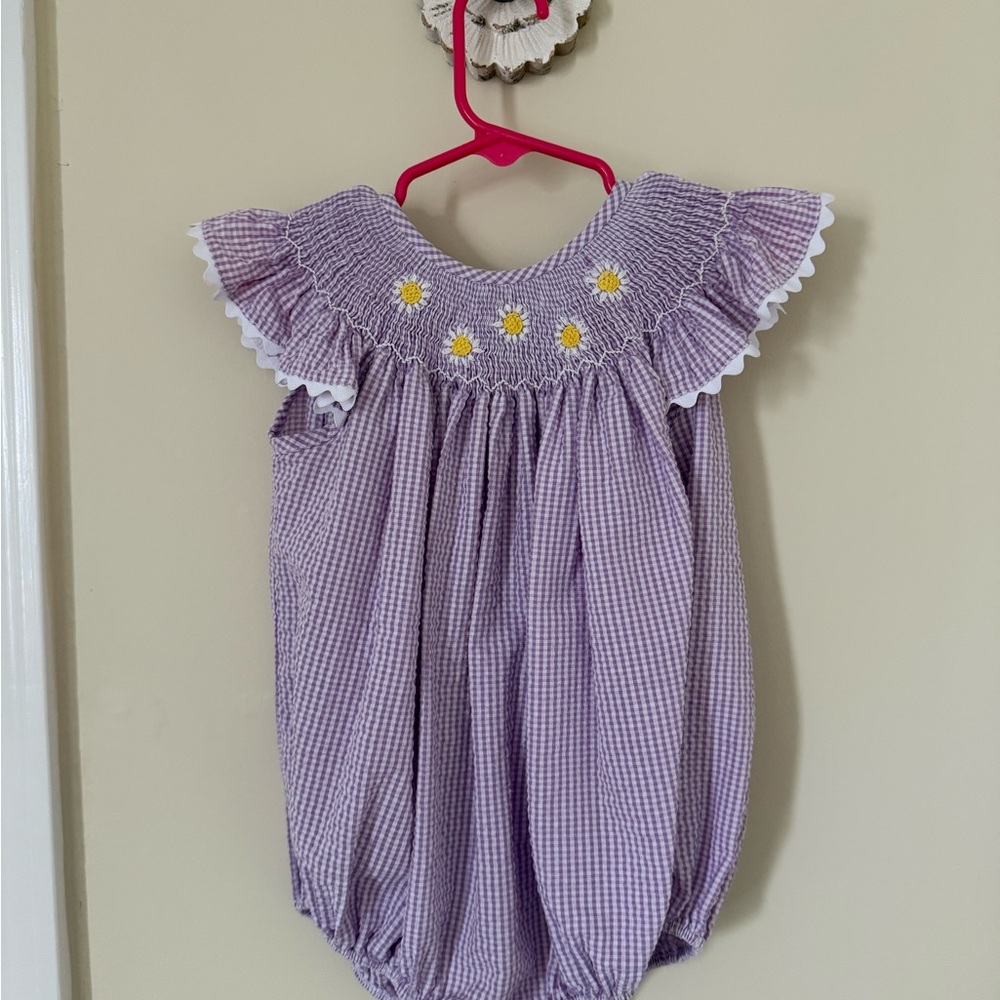 Stichy Fish Purple Gingham Kids Bodysuit with Daisy Embroidery